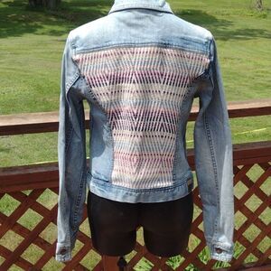 Roxy Distressed Jean Jacket with Pastel Embroidered Back Panel Size Small